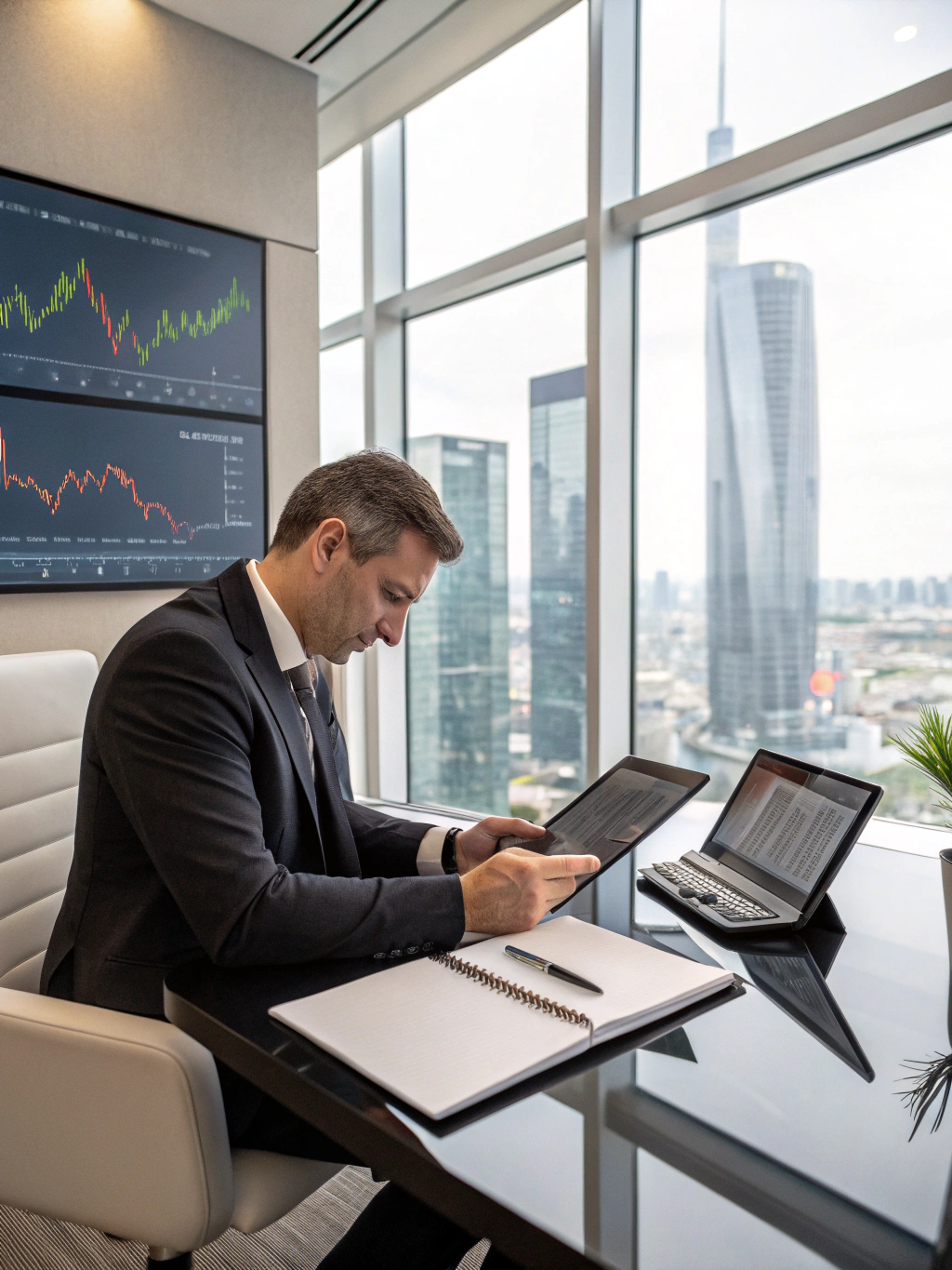 Professional financial advisor reviewing portfolio analytics on a tablet
